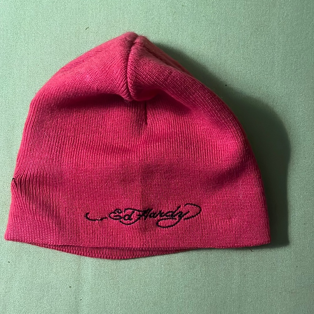Ed Hardy Pink Bedazzled Knit Beanie Skull And Roses Embroidery - Picture 2 of 3